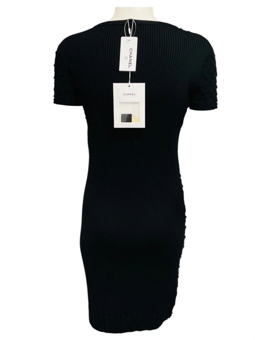 Chanel Black 2018 Textured Cotton Pique Ribbed Knit Short Sleeved Dress with CC